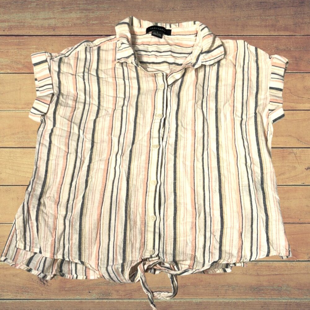 Sanctuary Linen blend Striped Tie Front Short Sleeve Button Down Blouse size S